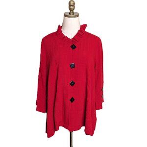 Ali Miles Artsy Tunic Size PL Red Decorative Buttons Ruffle Neck